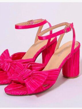 Amoji Bright Pink Knot Front Ankle-Strap Block Heel Sandals